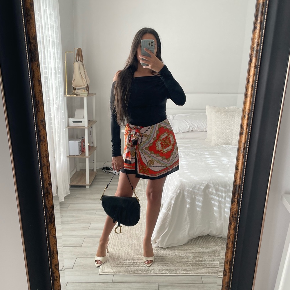 Forever 21 Orange Black Baroque Scarf Print Wrap Mini Skirt Size S